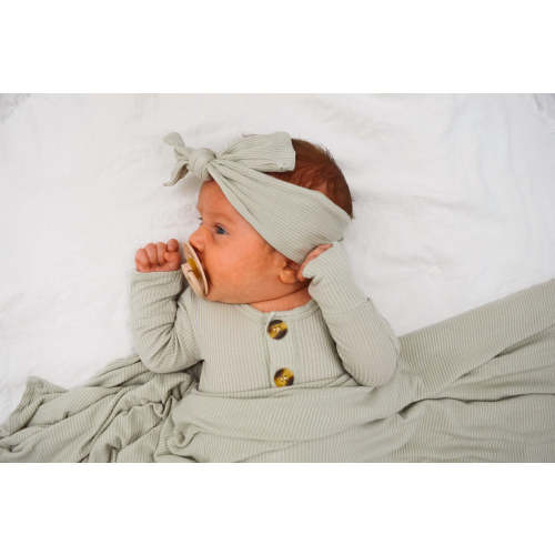Ribbed Sage Welcome Baby Bundle Set: Blanket, Headband, Knotted Gown