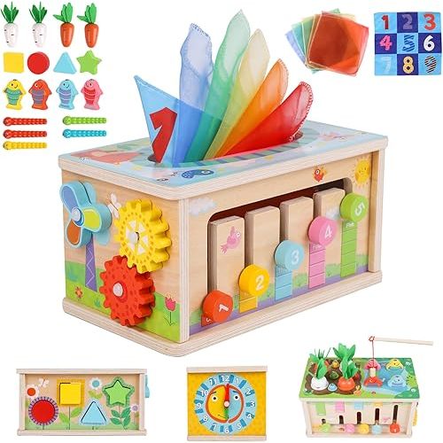 Ancaixin 6-in-1 Montessori Tissue Box Toy for 6+ Months Baby, Wooden Activity Cube, Puzzles 12-18 Months, Perfect 1 Year Old Girl Boy Gifts, Sensory Toys for Toddlers 1-3, Baby 1st Birthday Gift