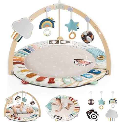 Blissful Diary Baby Play Gym & Activity Mat, 5 Developmental Zones Wooden Tummy Time Mat with 6 Detachable Sensory Toys for Motor Skills & Sensory Development, Baby Essentials Shower Gift