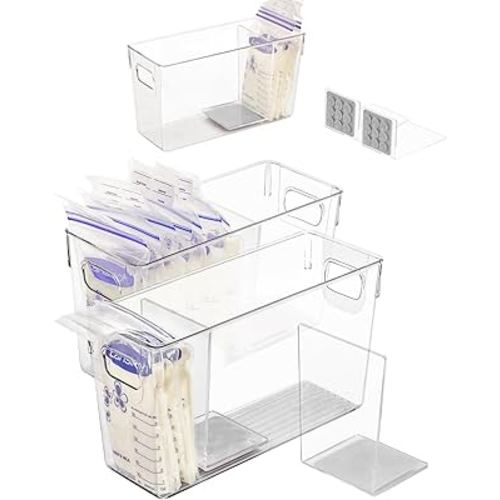 Breastmilk Storage Container with L Shaped Separator Boards, Dividers Will Flatten Standing Breast Milk Bags in Organizer Bins Save Refrigerator Space | 2 Containers Plus 4 Gray Removable Dividers
