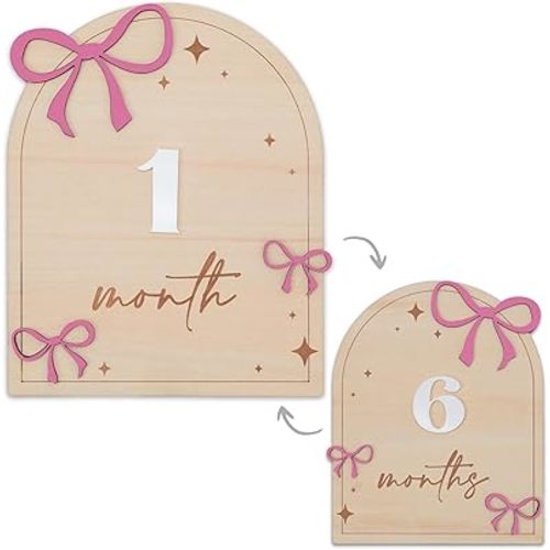 Daisy 3D Baby Monthly Milestone, Wooden Baby Milestone Signs, Monthly Milestone Wood Discs, Baby Milestone Discs (Pink Ribbon)