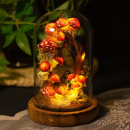 Red Mushroom Lamp with White Dots, Enchanted Mushroom Night Light with Tree Arch & Butterfly, Fairyland, Natural Home Decor Birthday Gifts