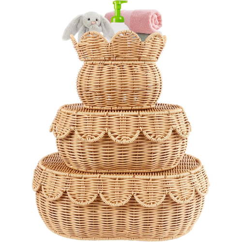 3 Pcs Scalloped Basket With Lid, Hand Woven Plastic Wicker Basket Set, 16 x 12 x 6 In Decorative Scalloped Edge Basket for Storage Food, Clothes, Toys, Picnic Table Bathroom Decor (S+M+L)