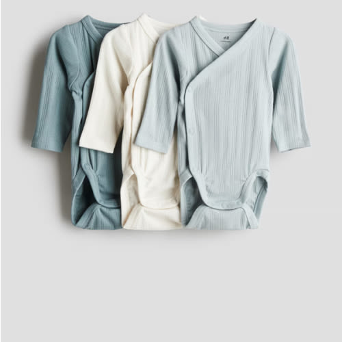 3-PACK RIBBED WRAPOVER BODYSUITS - LIGHT BLUE / WHITE