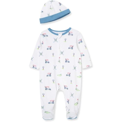 Little Me baby-boys 100% Cotton Scratch Free Tag Footed One-piece Romper and Hat Sleeper Set