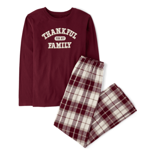 Adult Matching Family Thankful For Family Cotton And Flannel Pajamas - Burgundy