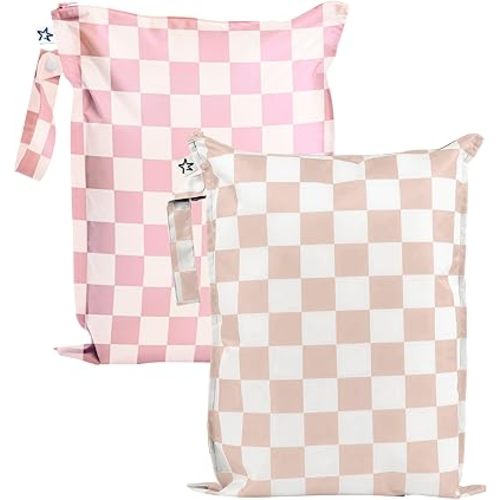 Tiny Twinkle Mess proof Waterproof Wet Dry Bag,2pk Reusable Wet Bags for Swimsuits&Baby Clothes,Leakproof Wet Bag,Waterproof Bag for Travel&Diaper bag,Wet Bags for Baby (Pink, Brown Checkers)