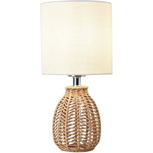 KUNJOULAM Rattan Table Lamp, Small Nightstand Lamp with Linen Fabric Lampshade, Desk Lamp Bedside Lamp for Living Room Home Office