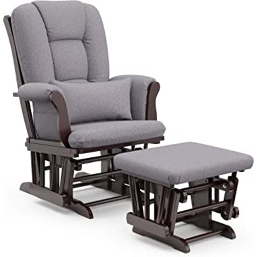 Storkcraft Tuscany Custom Glider and Ottoman with Free Lumbar Pillow (Espresso/Slate Gray Swirl) - Cleanable Upholstered Comfort Rocking Nursery Chair with Ottoman