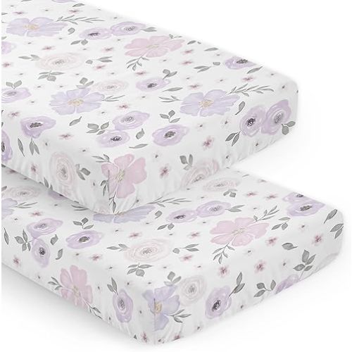 Sweet Jojo Designs 2-Piece Baby Crib Sheets Set (Purple/Grey Boho Floral) for Girls, Infant Nursery, Toddler Room - Standard Size (Lavender, Pink, Gray, Bohemian, Flower, Rose, Farmhouse, Shabby Chic)