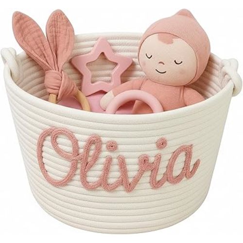 Personalized Baby Gift Basket – Custom Cotton Rope Baby Basket with Name – Nursery Storage Bin & Diaper Caddy Organizer for Newborn Boy or Girl – Cute Keepsake for Baby Shower Gifts