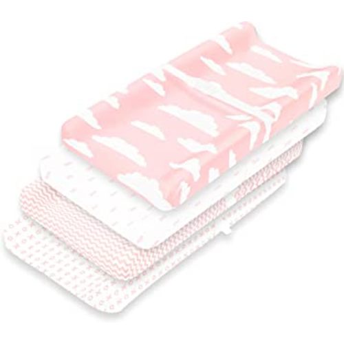 Premium Baby Changing Pad Covers 4 Pack – Girl – Pure Cotton Machine Washable Pink and White Changing Table Cover – Diaper Changing Pad Cover Sheets