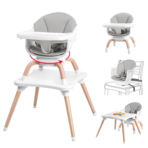 Komcot Baby High Chair, 7 in 1 Convertible High Chairs for Babies and Toddlers, Kids Learning Table, Building Block Table, Toddler Dining Chair with 360° Rotating Seat, 5-Point Safety Harness (Grey)