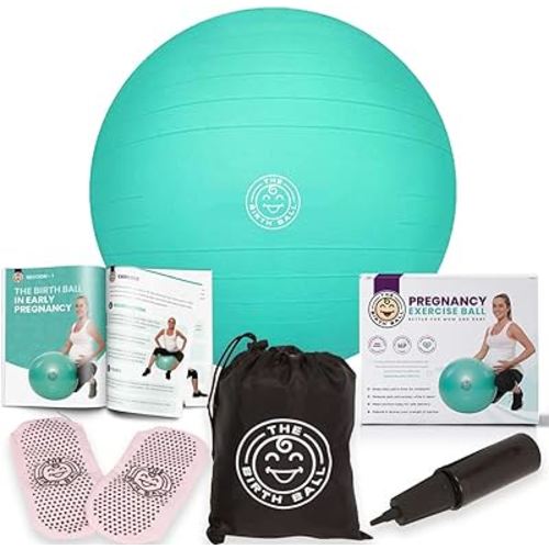 Birthing Ball for Pregnancy & Labor - 18 Page Pregnancy Ball Exercises Guide by Trimester - Non Slip Socks - How to Dilate, Induce, & Reposition Baby for Mom