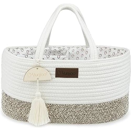 Diaper Caddy Organizer, Boho Diaper Bag Tote for Changing Table Necessities and Baby Essentials Must Haves for Newborn, Car Caddy Organizer, Portable Storage Basket for Boy or Girl, White/Beige