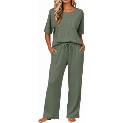 JiniGolla Womens Pajama Sets Waffle Knit Short Sleeve Shirt with Long Pajama Pants Soft Sleepwear Pj Lounge Sets