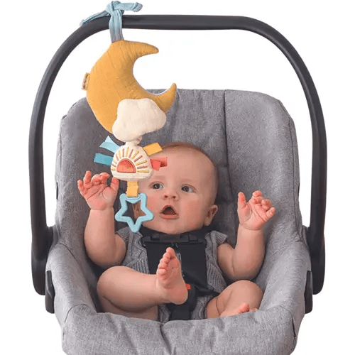 Itzy Ritzy – Musical Pull-Down Toy - Bitzy Notes Baby Musical Toy Attaches to Car Seat, Play Gym, or Stroller & Plays a Soothing Melody, Infant Toy for Ages 0 Months and Up (Moon)