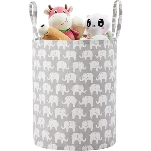 TECHMILLY Large Storage Basket for Girls and Boys, Collapsible Laundry Hamper with Long Handles, Toy Bins for Nursery, Kids Room Décor (Grey Elephant)