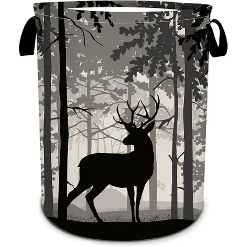 Deer Pine Tree Laundry Basket, Foggy Forest Laundry Hamper Foldable Waterproof Funny Tote Bag Dirty Clothes Storage Bucket Toy Organizer for Bathroom/Laundry/Bedroom 15.7"x19.6"