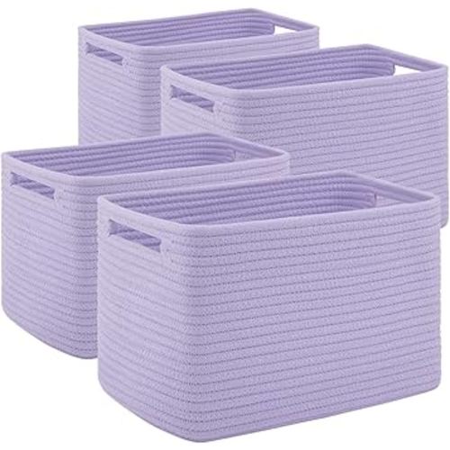 4 Pack Storage Baskets for Organizing Toys, Towels, and Clothes, Woven Basket for Shelves, Sturdy Nursery Cube Bins for Storage, 13''L x9''W x7.8''H, Purple