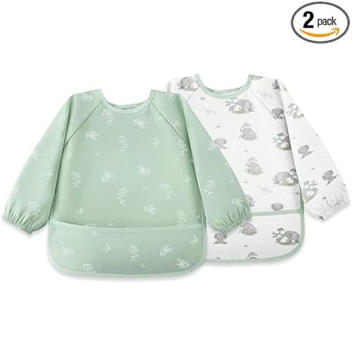 Susurration Long Sleeve Bib for Girl or Boy Baby Smock Bib 2 Pack Waterproof Bibs, Soft Adjustable Long Sleeve Baby Bib, 6-36 Months Baby Feeding Essentials - Green Elephant