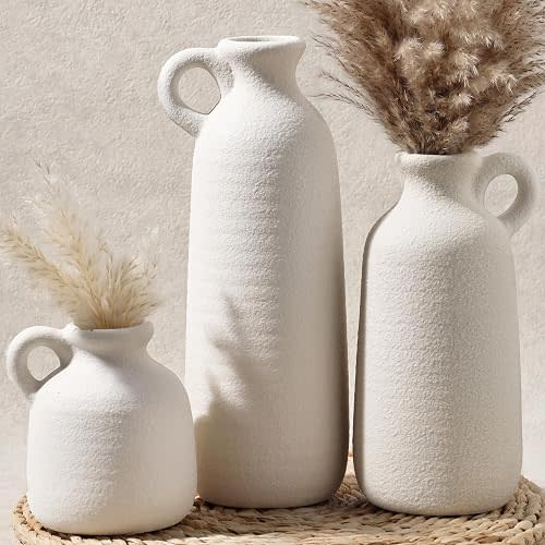 Ceramic Vase Set of 3 with Handle, White Modern Farmhouse Vases for Pampas Grass & Dried Flowers, Flower Vase for Table Living Room Home Decor