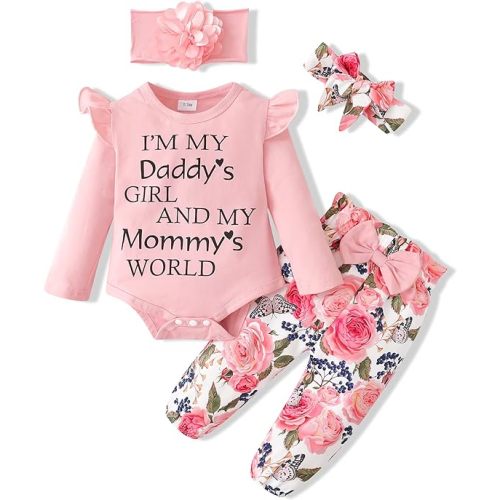 SUNNY PIGGY Newborn Infant Baby Girl Clothes Outfits Ruffle Romper Floral 4Pcs Pants Sets Toddler Girls Clothing Set