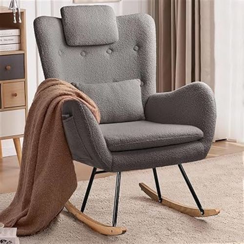 Waleaf Rocking Chair Nursery Rocker Teddy Upholstered Rocking Chair Indoor with High Backrest Rocking Accent Chair, Padded Seat Nursing Chair with Headrest