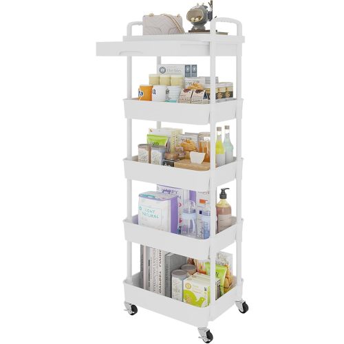Calmootey 5-Tier Rolling Utility Cart with Drawer,Multifunctional Storage Organizer with Plastic Shelf & Metal Wheels,Storage Cart for Kitchen,Bathroom,Living Room,Office,White