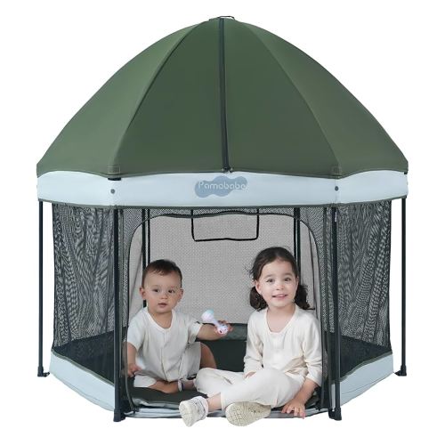 Pamo Babe Baby Playpen with Sun Protection Canopy - Indoor & Outdoor Play Yard for Babies and Toddlers - Baby Tent with Zipper Door