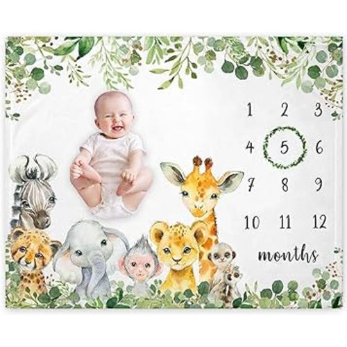 Safari Animals Milestone Blanket, Jungle Baby Growth Chart Monthly Blanket, Watch Me Grow Jungle Wild Baby Nursery for New Moms Baby Shower(50"x40")