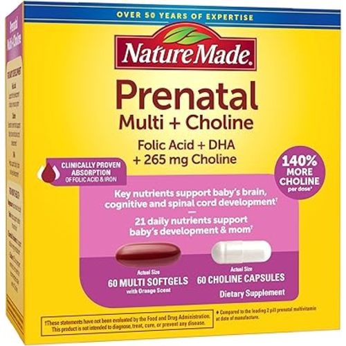 Nature Made Prenatal Vitamin Softgels + Choline Capsules, Folic Acid + DHA + Choline, 60 Prenatal Vitamins for Women, 60 Choline Supplements Capsules, 60 Day Supply