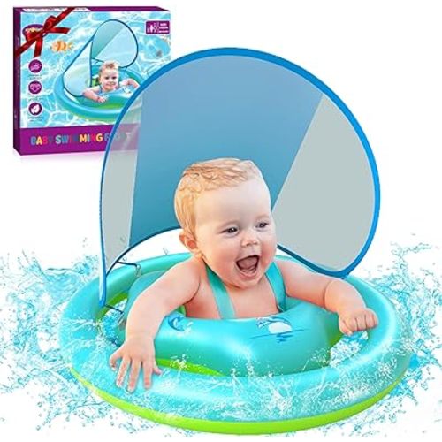ZIZZ Baby Pool Float with Canopy - 2025 New Inflatable Baby Swim Float with UPF50+Sun Protection, Baby Infant Pool Float with Toy Play Console Adjustable Seat for Toddler Kids Aged 6-36 Months
