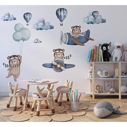Large Bear & Airplanes Wall Stickers for Kids Bedroom - Bear Hot Air Balloon Wall Decals - Baby Nursery Wall Decals - Plane Wall Sticker for Baby Nursery Playroom Bedroom Girls Boy Room Wall Decor