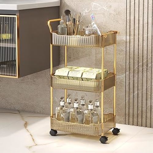 Acrylic Storage Trolley, Bathroom Kitchen Rolling Utility Cart Mobile Organization Shelves with Handle and Lockable Wheel(Gold,3 Tier)