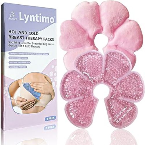 2 Pack Breast Therapy Packs, Lyntimo Hot and Cold Breastfeeding Essentials Ice Pack for Pain Relief, Dual-use Nipple Cooling Gel Pad Heat Warm Compress for Lactation Support, Postpartum Recovery, Pink