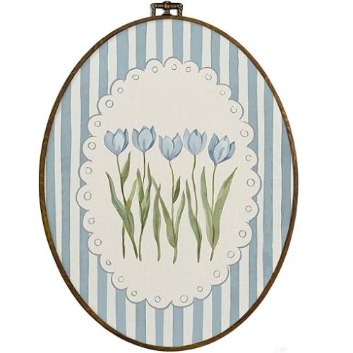 dvhdajed Grandmillennial Blue Tulip Floral Oval Wall Art Decor, Preppy Chinoiserie Floral Botanical Framed Canvas Art, Cottagecore Blue Striped Oval Wall Hanging Decor for Girls Room Bedroom,8.7x11.3