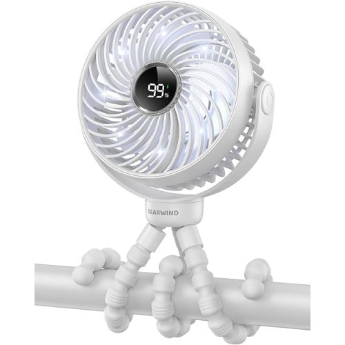 Portable Stroller Fan for Travel,360° Rotation,4-Speed LED Night Light Clip on Fans Operated by Rechargeable Battery, Cordless Fan with Tripod Car Seat Baby Pram(White)