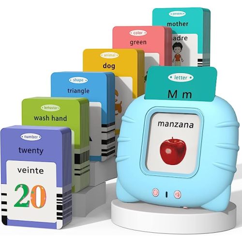 Startcan Spanish & English Talking Flash Cards for Toddlers 1 2 3 4 5 6, Audible Toys for Kids to Learn Spanish - 258 Cards and 516 Words(Blue)