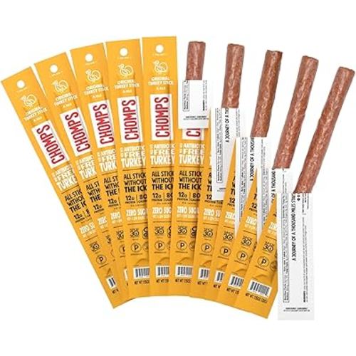 Chomps Original Turkey Jerky Meat Snack Sticks 10-Pack - Keto, Paleo, Low Carb, Whole30 Approved, 12g Lean Meat Protein, Gluten Free, Antibiotic Free, Zero Sugar Food