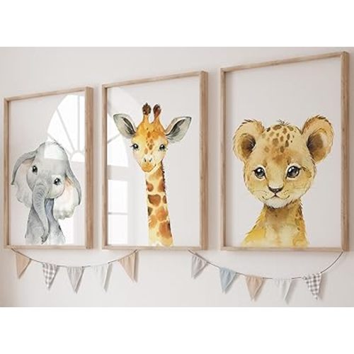 Baby Safari Animals for Girl or Boy Nursery Bedroom, Set of 3 Unframed Wall Art Prints, Nursery Decor Gift, Giraffe Elephant Lion Posters (11x14)