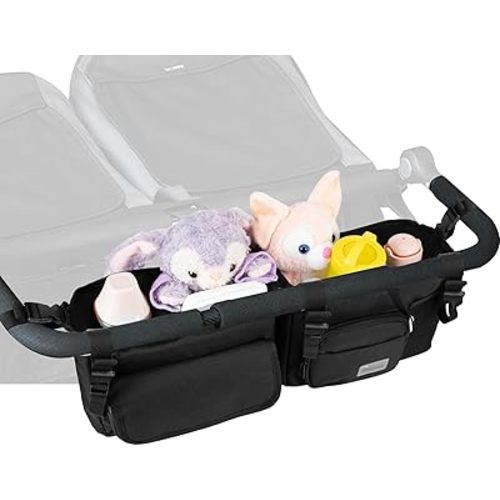 Double Stroller Organizer with Cup Holder, Stroller Caddy for Bob Duallie and Baby Jogger City Mini GT2, Double Stroller Parent Console Bag, Baby Stroller Accessories (Black)