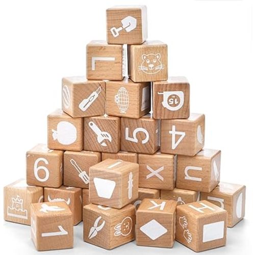 Peohud 26 PCS Wooden Alphabet Blocks, Cute ABC Building Blocks for Toddlers, Number Stacking Blocks, Preschool Educational Learning Toys with Shapes Objects on Every Side for Kids Boys Girls