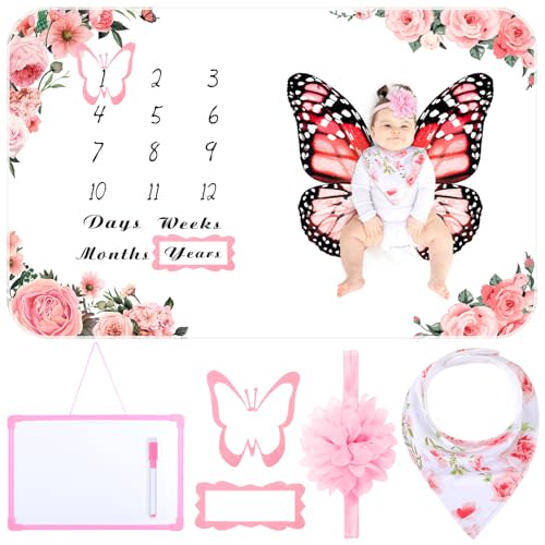 Chumia 6 Pcs Monthly Baby Milestone Blanket for Girl Set Butterfly Newborn Calendar Growth Chart Baby Age Receiving Blanket with Bib Frame Headband for Photo Props 59" x 39"(Pink,Floral Pattern)