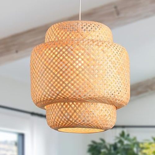 Rattan Pendant Light Bamboo Dining Room Lights 15.8" Boho Chandelier Woven Light Fixtures Farmhouse Wicker Ceiling Hanging Lighting for Kitchen Island Bedroom Restaurants Foyer Over Sink
