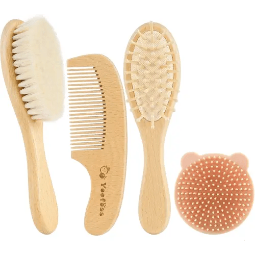 Yoofoss 4 Piece Baby Hair Brush and Comb Set for Newborn and Toddler, Wooden Baby Hair Brush with Natural Ultra Soft Goat Hair, Baby Comb Set for Boy, Girl, Cradle Cap Brush for Babies