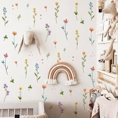 Boho Watercolor Flower Wall Stickers，Colorful Wildflower Wall Decals，Coquette Flower Wall Decoration，Vinyl Flower Wall Decals，Peel and Stick Flower Wall Decor.