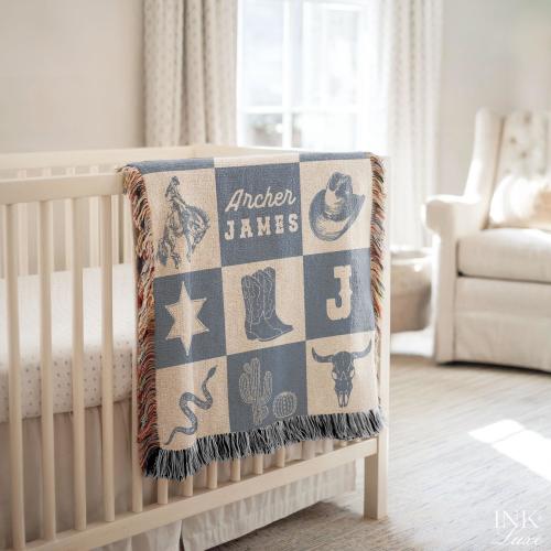 Personalized Blue Cowboy Nursery Blanket | Custom Western Baby Blanket | Woven Blanket | Customizable Monogram Blanket | New Baby Gift
