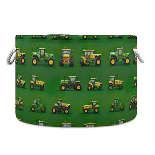 Green Yellow Tractor Car Toys Storage Bin with Cotton Rope Large Capacity Clothes Storage Baskets Laundry Hamper Holiday Ornament Box Organizer for Bedroom Bathroom Nursery