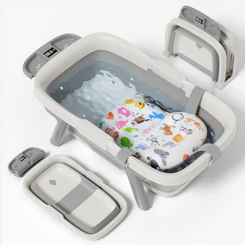 EverKiddo Collapsible Baby Bathtub, Large Infant Bath Tub with Thermometer & Cute Soft Cushion for Newborn to 36-Month Toddlers, Storage and Non-Slip Feet Design, Baby Bath Gift (Grey)